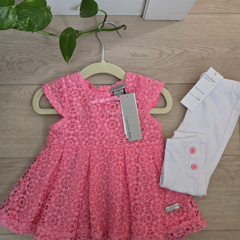 Calvin Klein Pink Lace Dress with White Leggings- NWT